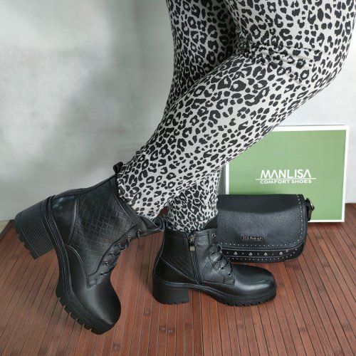 Botín Casual Mujer MANLISA 2180 Piel Negra con Tacón Medio y Plataforma Botín Casual Mujer MANLISA 2180 Piel Negra con Tacón Medio y Plataforma